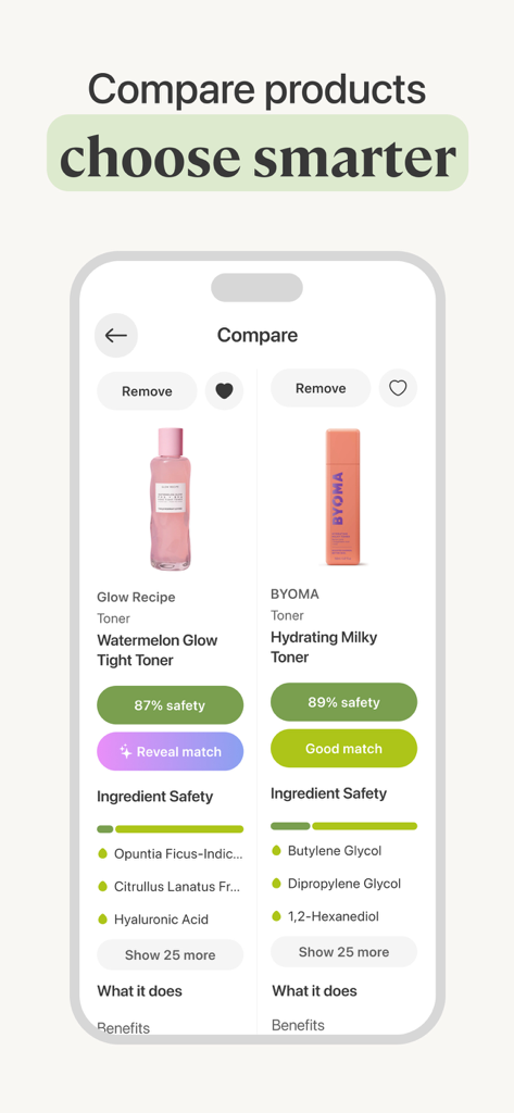 Lumi Skin:The Skincare Scanner - A comparison screen in the Lumi Skin app showing side-by-side safety ratings and ingredient lists for two different skincare toners