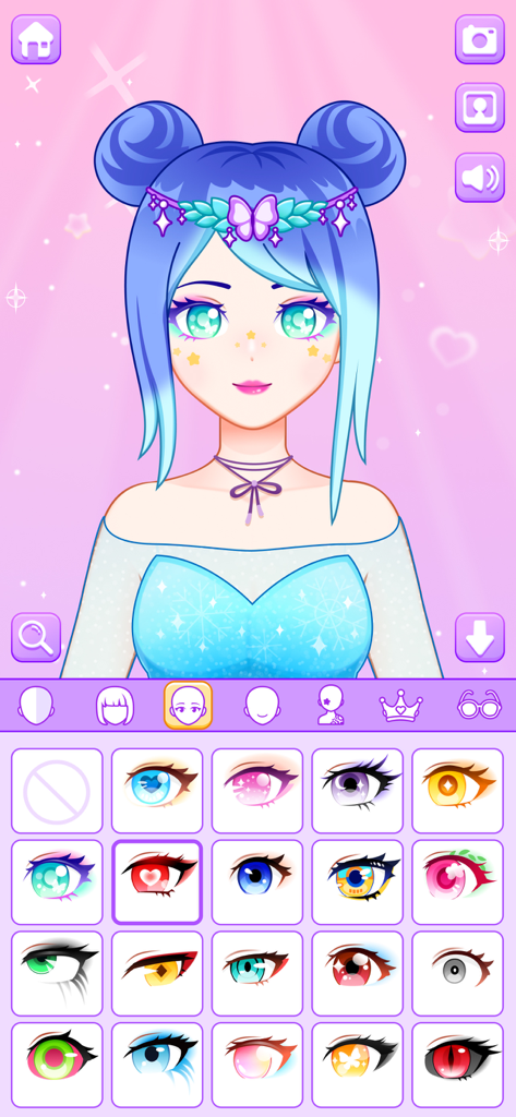 BFF Dress Up - Princess Doll - Character creator screen showing a variety of colorful eye styles for customizing a princess doll