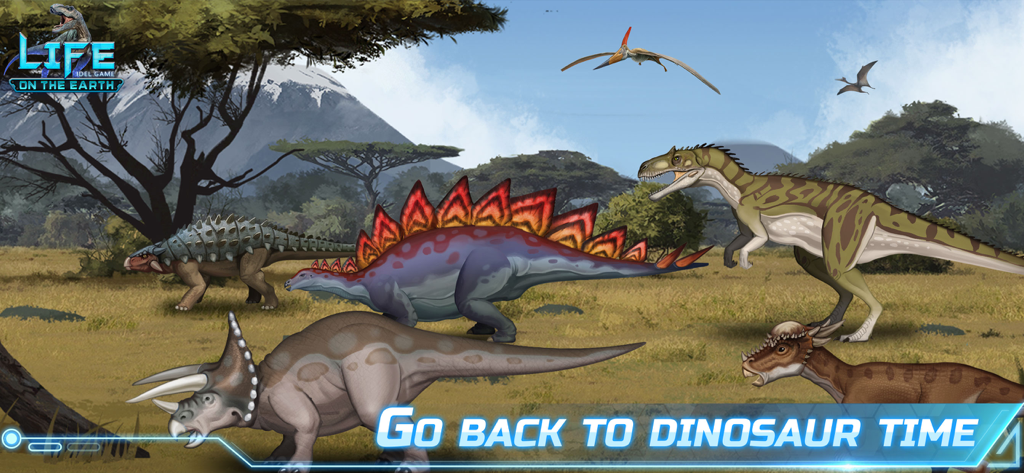 Various realistic dinosaurs in a prehistoric landscape with the text Go Back to Dinosaur Time.