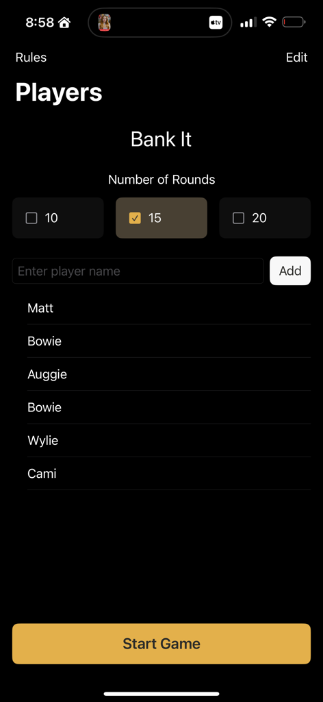 Bank - Dice Game - Setup screen for the Bank It dice game showing a list of players and round selection.
