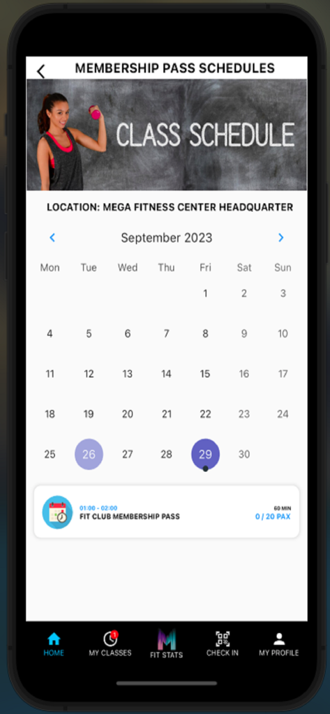 Interfaz de aplicación móvil que muestra un calendario de horarios de clases mensuales para Mega Fitness Center.
