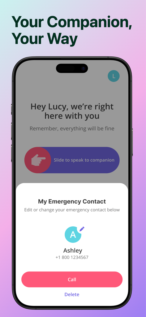 Companion - Anxiety Relief - Un smartphone que muestra la aplicación de alivio de la ansiedad Companion con un saludo personalizado y una opción de llamada a contacto de emergencia