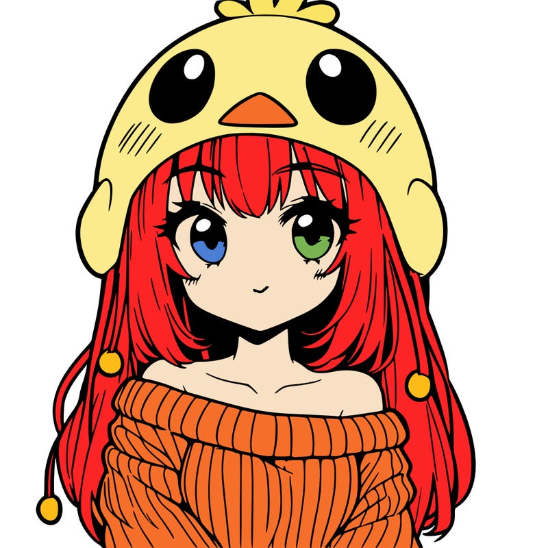anime girl with chick shaped hat with sweater with bare shoulders with bangs covering them one eye with low tail