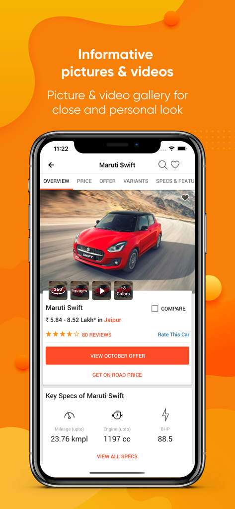 CarDekho mobile app interface showing a Maruti Swift with pricing, specs, and gallery options.