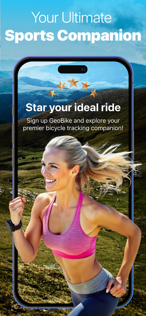 Run, Bike, Walk, Hike tracker - Uma mulher correndo em uma paisagem montanhosa em uma tela de smartphone promovendo o aplicativo de rastreamento esportivo GeoBike.