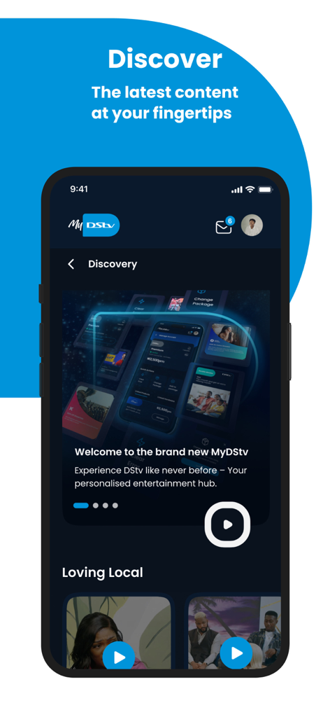 MyDStv - Tela de descoberta do aplicativo móvel MyDStv mostrando conteúdo de entretenimento personalizado e categorias de programação africana local