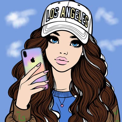 realistic beautiful girl wearing los ángeles cap holding an iphone