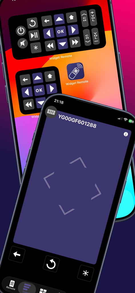 Widget Remote for Roku - Un iPhone mostrando la aplicación Widget Remote para Roku con widgets en la pantalla de inicio y una interfaz de navegación basada en gestos.