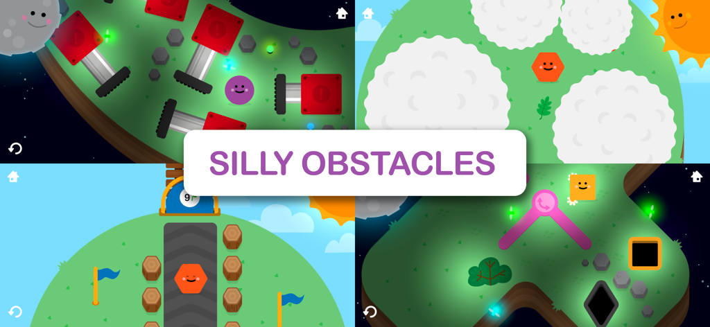 Goodness Shapes Shuffle - Un collage de cuatro pantallas de juego de Goodness Shapes Shuffle que muestran varios niveles de puzles coloridos y personajes de formas felices con el texto obstáculos divertidos.