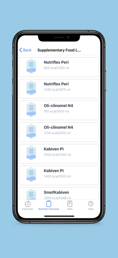 A list of medical nutrition formulas with calorie and volume data in the Nutri-Calculator app.