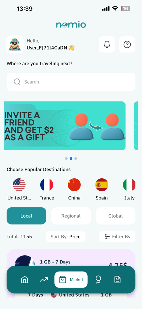Nomio: eSIM Travel & Internet - Nomio mobile app interface for searching and selecting travel eSIM data plans by destination