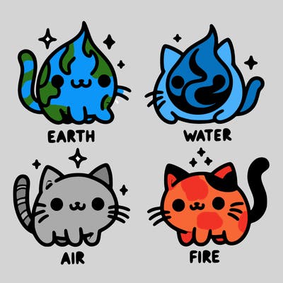 4 cats that represent the different elements, earth, water, air, and fire