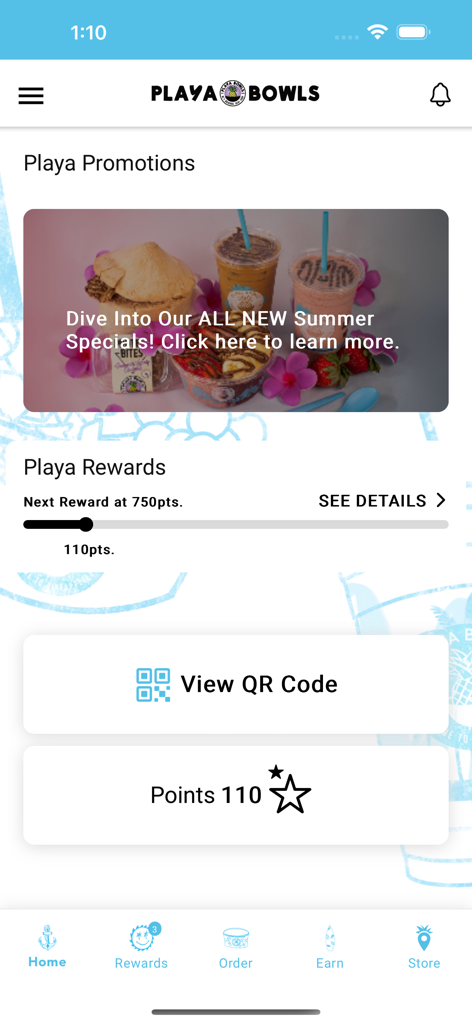 Playa Bowls Rewards - La pantalla de inicio de la app Playa Bowls Rewards que muestra los puntos de fidelidad actuales y las promociones de temporada.