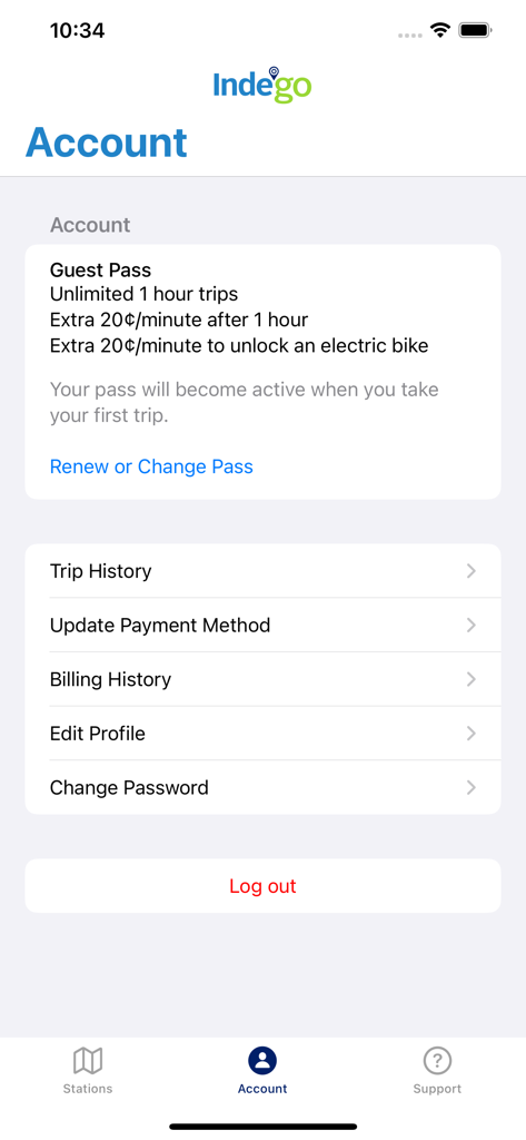 Indego Bike Share - Account profile screen of Indego bike share app in Philadelphia showing pass details and navigation menu