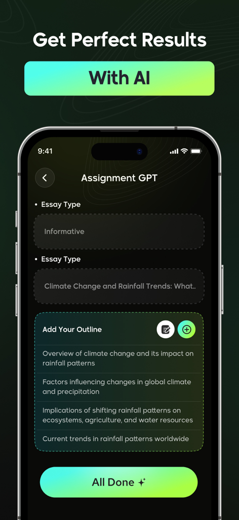 Photo Maths Solver - Math AI - A smartphone screen showing the Assignment GPT feature within the Photo Maths Solver app generating an essay outline about climate change