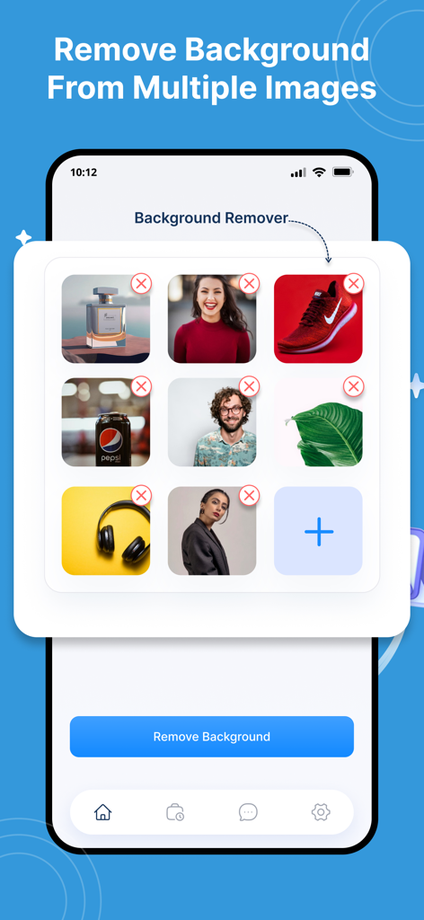 Interfaz de la aplicación que muestra la función de eliminación de fondo por lotes con varias fotos de productos y retratos seleccionados en la pantalla de un smartphone.