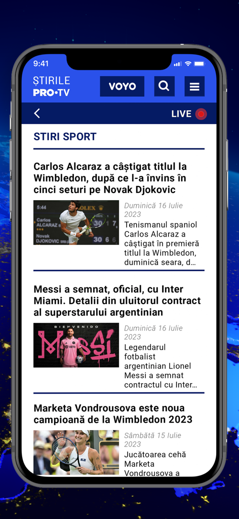 Stirile ProTV - Sports news section of the Stirile ProTV app displaying tennis and football headlines