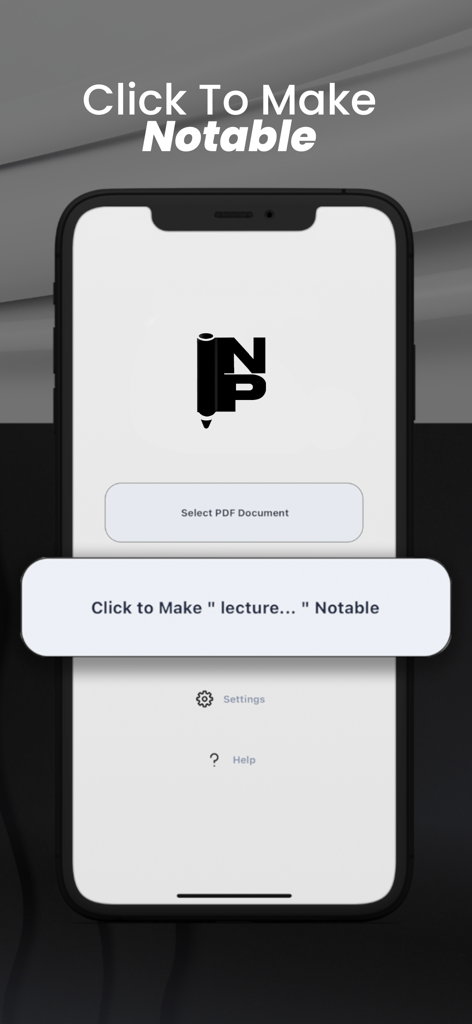 Notable PDF - Notable PDF app home screen showing the select document button and main action prompt to make a lecture file notable