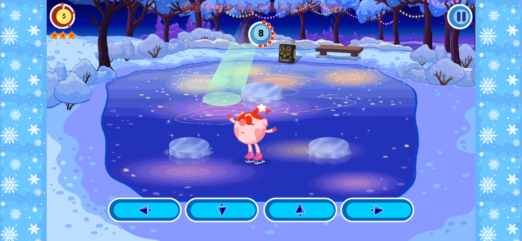 Nyusha from Kikoriki ice skating on a frozen pond in a winter themed mini game