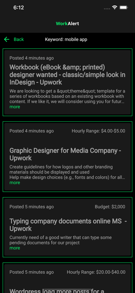 WorkAlert for Upwork - Interface do aplicativo WorkAlert exibindo um feed de postagens de empregos freelancers filtrados do Upwork para a palavra-chave aplicativo móvel