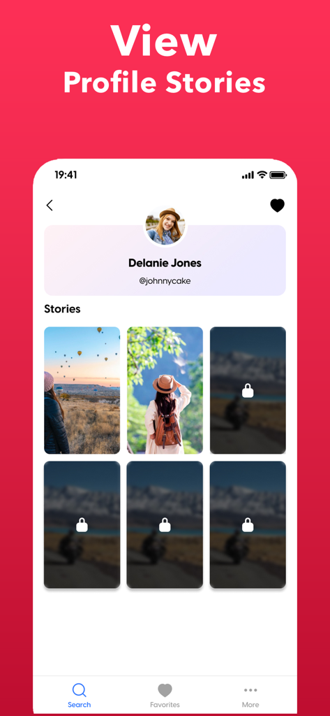 Interface do aplicativo Story Saver mostrando um perfil de usuário e uma grade de histórias disponíveis para visualização anônima