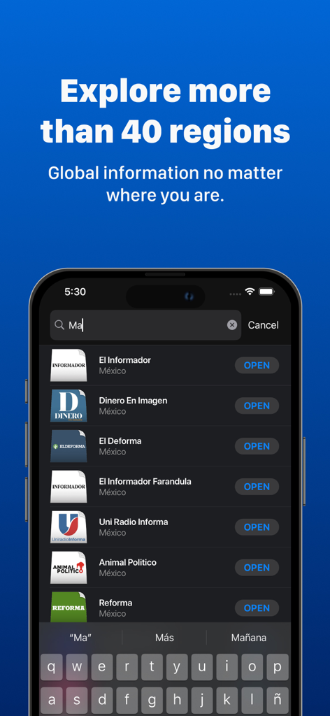Mexican Newspapers - Search interface of the Mexican Newspapers app showing multiple regional news sources and publications.