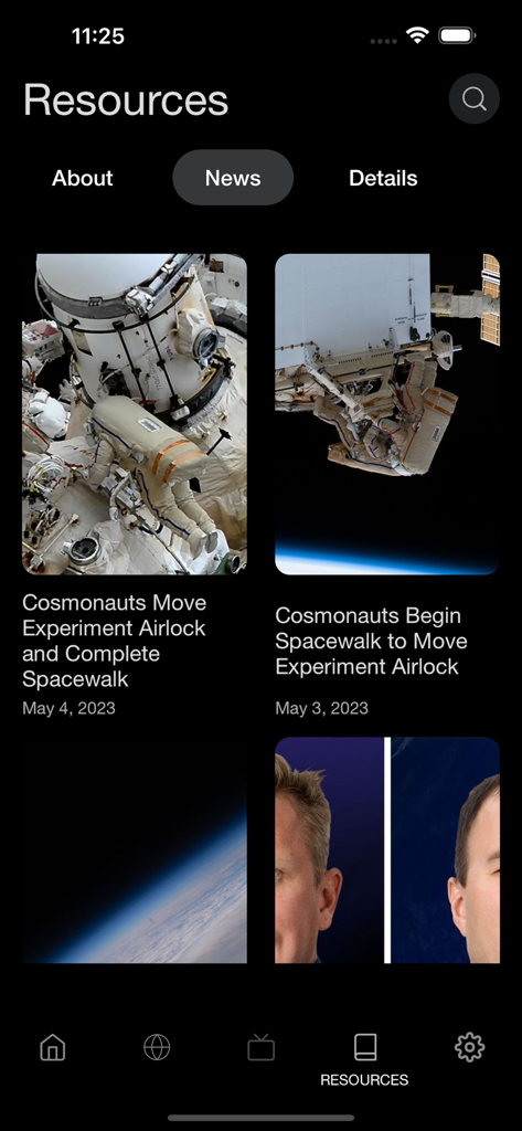 Spot the Station - Spot the Stationアプリのニュースセクション。NASAのミッションアップデートと宇宙遊泳レポートが表示されています。