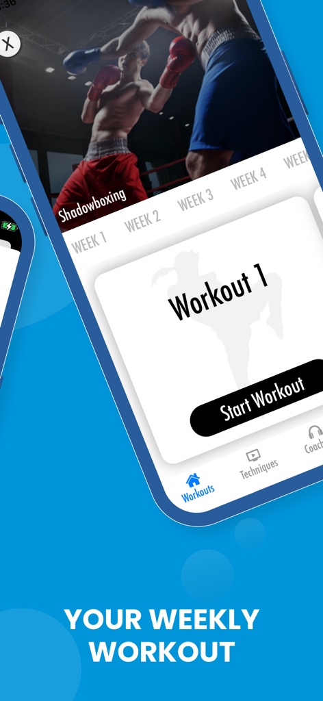 Muay Thai Training - A mobile app interface for Muay Thai training showing a weekly workout schedule and a shadowboxing module.