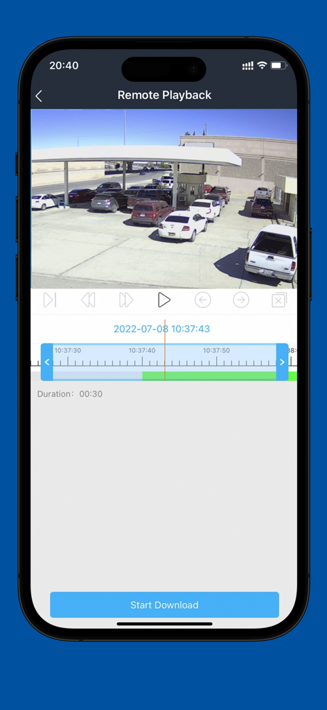 e-Connect App - Interfaz de la app E-Connect mostrando reproducción remota de video de una cámara de seguridad de estacionamiento con una línea de tiempo y un botón de descarga.