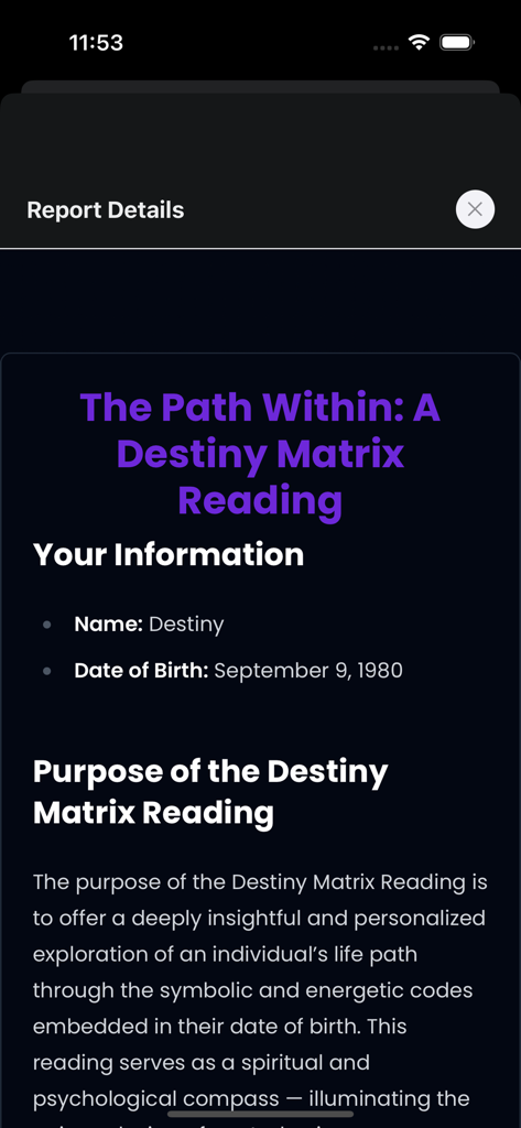 Destiny Matrix Chart Calculate - Informe personalizado de lectura de Matriz del Destino con información del usuario y detalles del análisis