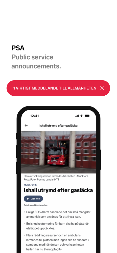 Sveriges Radio - Sveriges Radio app interface showing a red emergency banner and news article about a gas leak evacuation