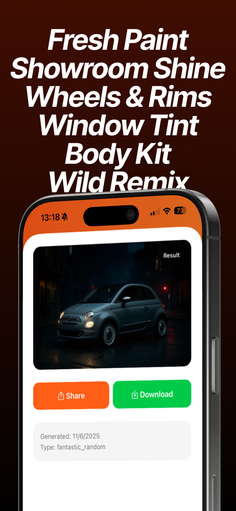 Pantalla de smartphone mostrando el resultado de una modificación de coche generada por IA fotorrealista de la aplicación RevvUp.