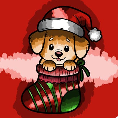 cute puppy wearing santa hat in socking