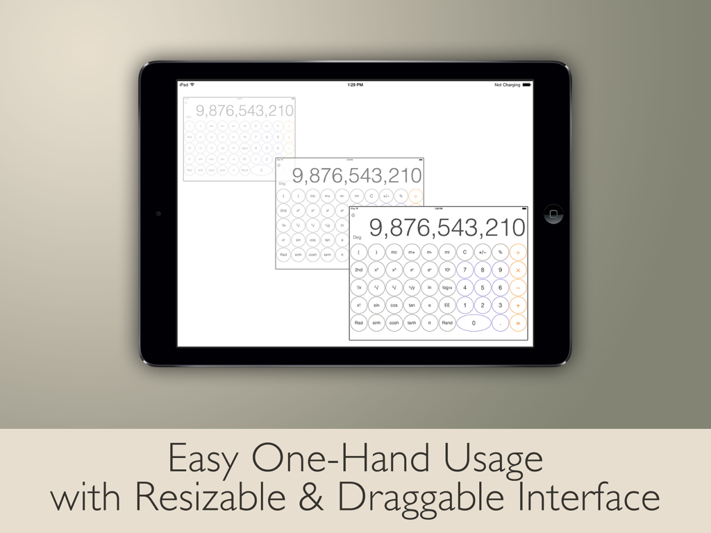 iPad calculator with resizable and draggable interface for easy one hand usage