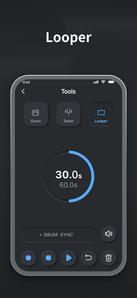 MOOER iAMP - MOOER iAMP app interface showing the looper tool with a 30-second recording timer and drum sync options