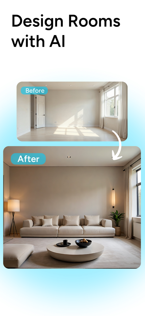 Una transformación de habitación antes y después que muestra un espacio vacío convertido en una sala de estar moderna utilizando diseño de interiores con IA.