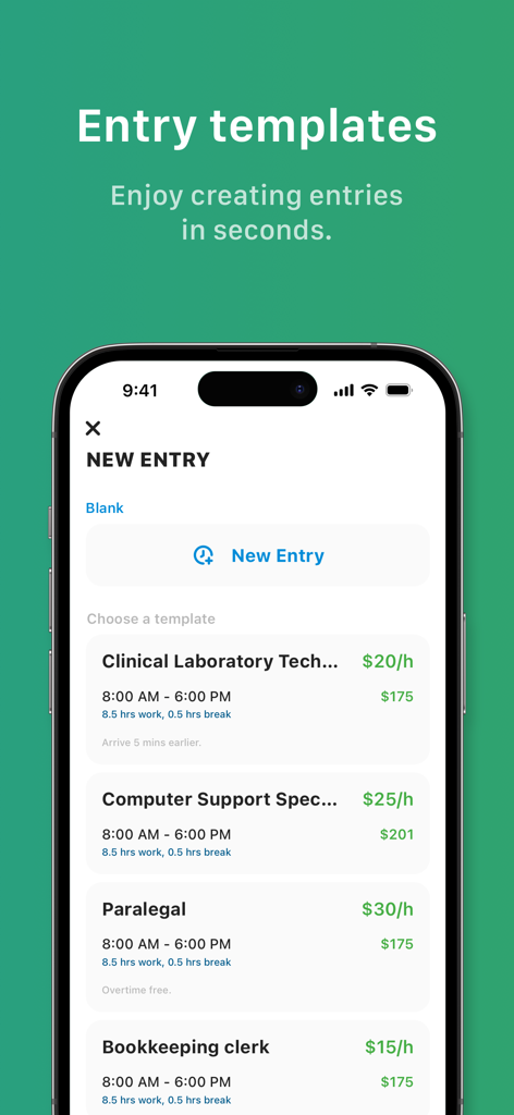 Tiny Hours Tracker, Time Clock - Ein mobiler App-Bildschirm zeigt Vorlagen für Auftragseinträge für verschiedene Berufe mit Stundenlöhnen und Schichtzeiten.