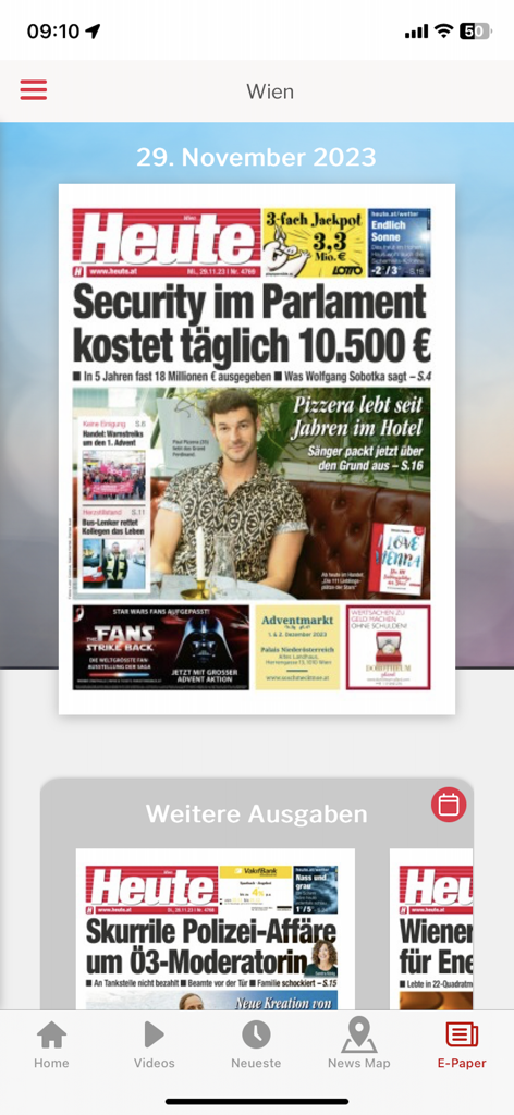 HEUTE – Die Tageszeitung - Interfaz del periódico electrónico de la aplicación de noticias Heute que muestra la portada del periódico diario