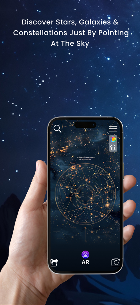 A person holding an iPhone displaying the Star Gazer app AR sky map with constellations against a real starry background