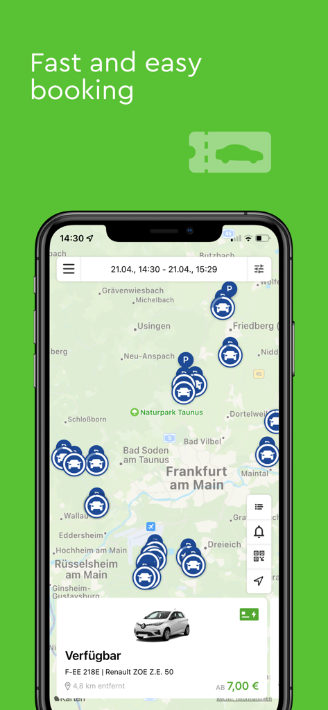 mobileeee E-Carsharing - Ein Smartphone-Bildschirm, der eine Karte mit verfügbaren Elektroautos für die Buchung in der mobileeee Carsharing-App anzeigt