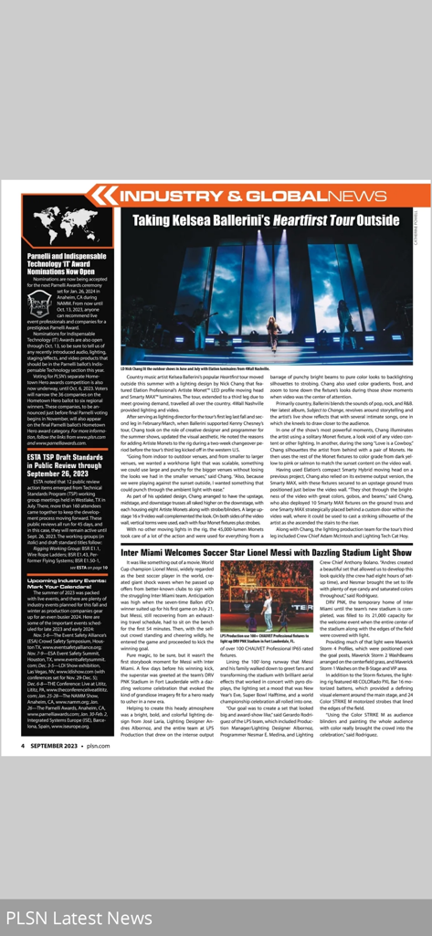 PLSN - A digital page of PLSN magazine showing industry news articles about concert lighting and stadium light shows.