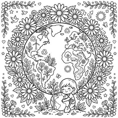 Dive into a beautiful Earth Day coloring experience with this intricate design featuring delicate white daisies embracing our planet. This page combines the joy of nature with a powerful message of environmental care, perfect for celebrating our world.