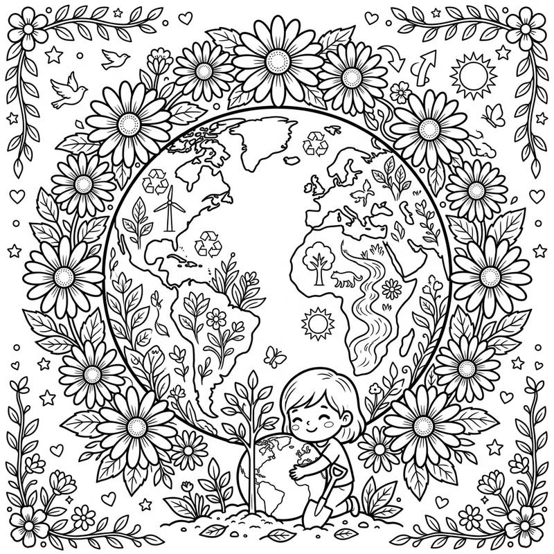 Dive into a beautiful Earth Day coloring experience with this intricate design featuring delicate white daisies embracing our planet. This page combines the joy of nature with a powerful message of environmental care, perfect for celebrating our world.