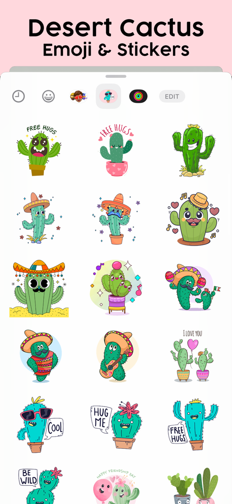 Desert Cactus Emoji & Stickers - A variety of cute and funny animated cactus stickers including characters with sombreros and free hugs signs