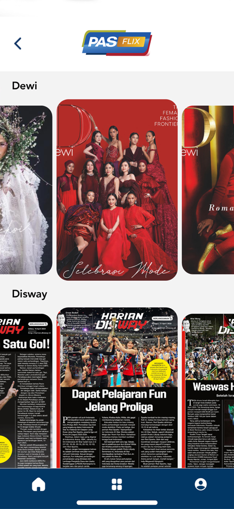 The PASFLIX app interface showing various digital magazines and newspapers for travelers.