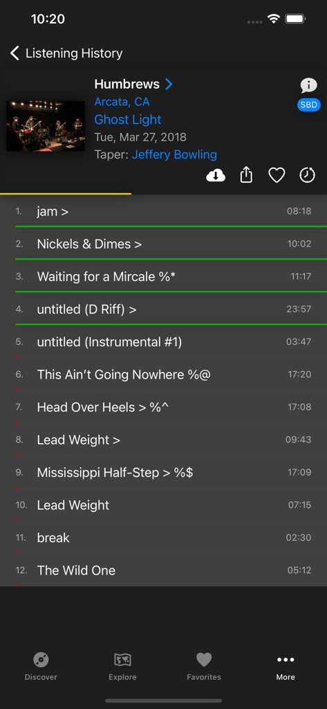 Live Music Archive - Listening history view in the Live Music Archive app showing a Ghost Light concert tracklist from 2018