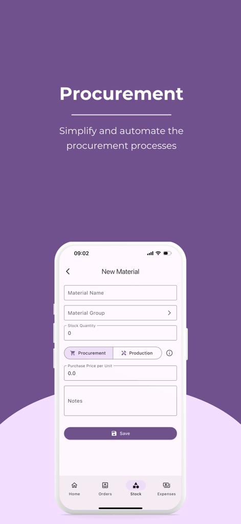 My Little Business App - A mobile interface for adding new raw materials and tracking stock quantity in the My Little Business App
