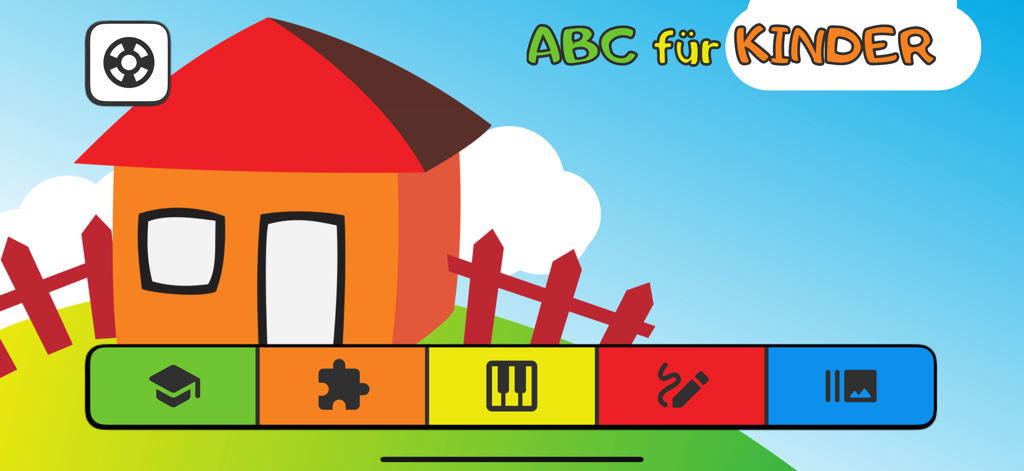 Farbenfrohes Hauptmenü der deutschen Lern-App ABC für Kinder mit einem Cartoon-Haus und Navigationssymbolen für Lektionen und Spiele