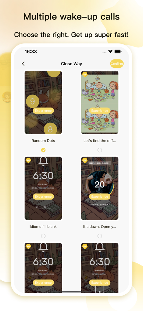 Alarm Clock-Keep Alarm - Keep Alarm app screen showing multiple gamified wake up call options including puzzles and word games