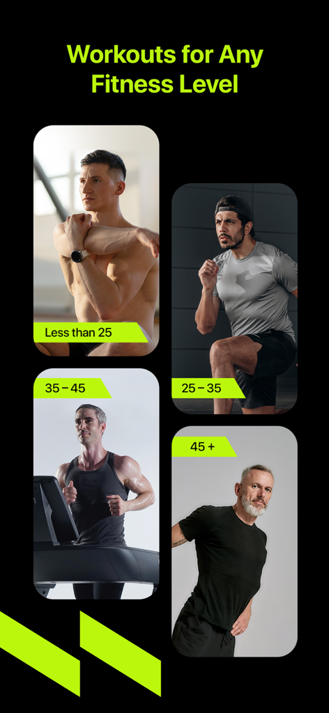 Home Workout Planner - FitFlow - Captura de pantalla de la aplicación FitFlow que muestra planes de entrenamiento para diferentes grupos de edad, desde menores de 25 hasta mayores de 45